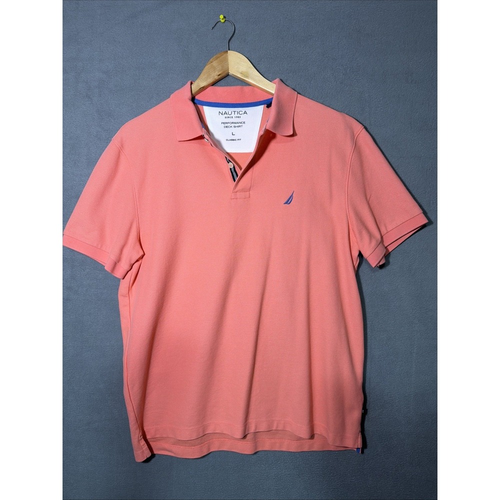 Nautica Performance Deck Polo Shirt Mens L Coral Short Sleeve Classic Fit